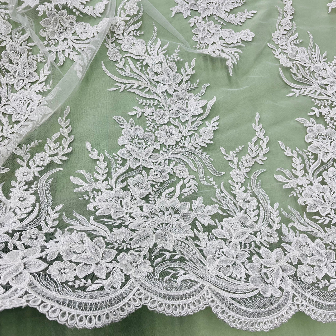 Beaded & Corded Bridal Lace Fabric Embroidered on 100% Polyester Net Mesh | Lace USA