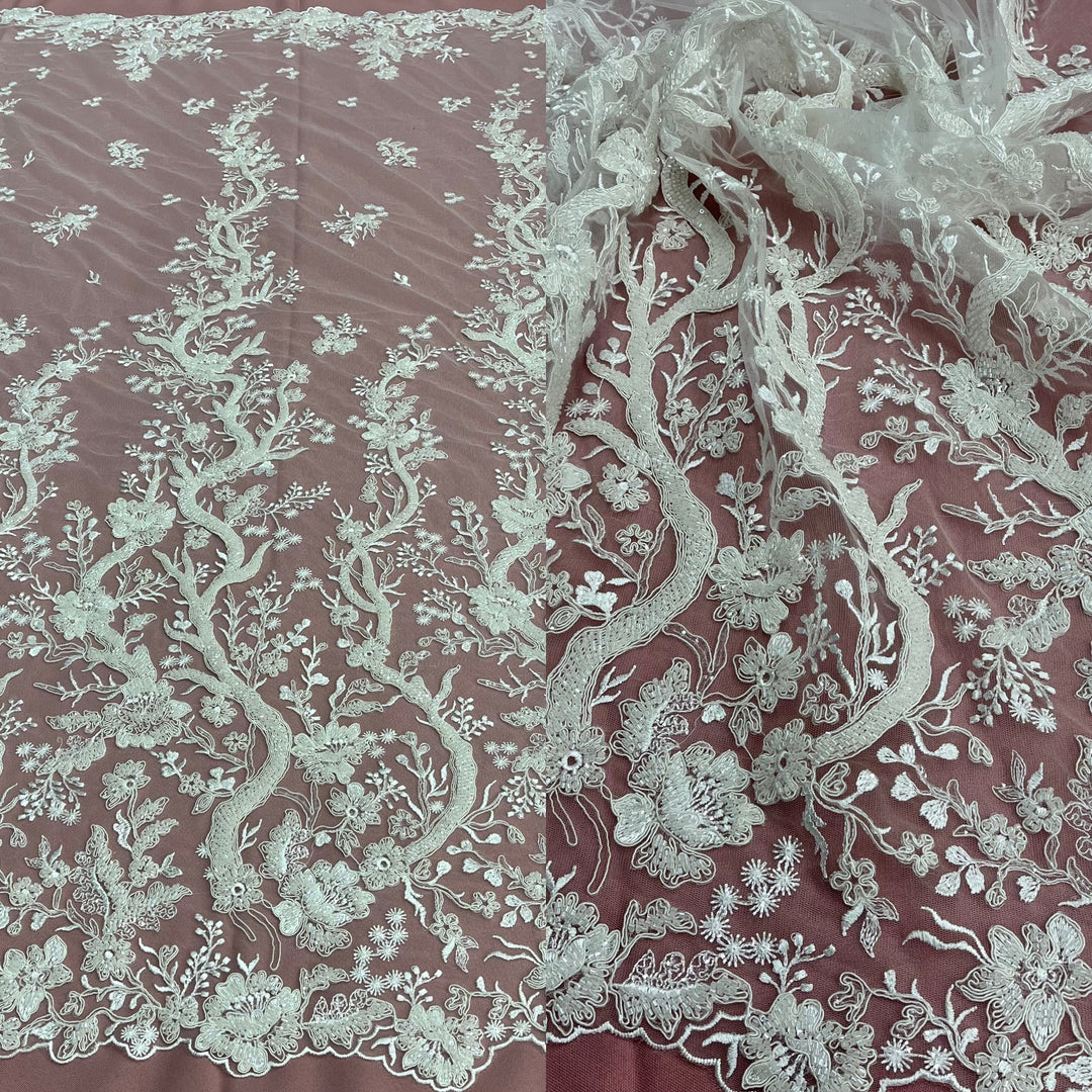 Beaded & Corded Ivory Bridal Lace Fabric Embroidered on 100% Polyester Net Mesh | Lace USA