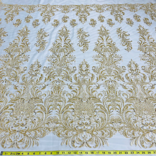 Beaded Lace Fabric Embroidered on 100% Polyester Net Mesh | Lace USA-GD-13267