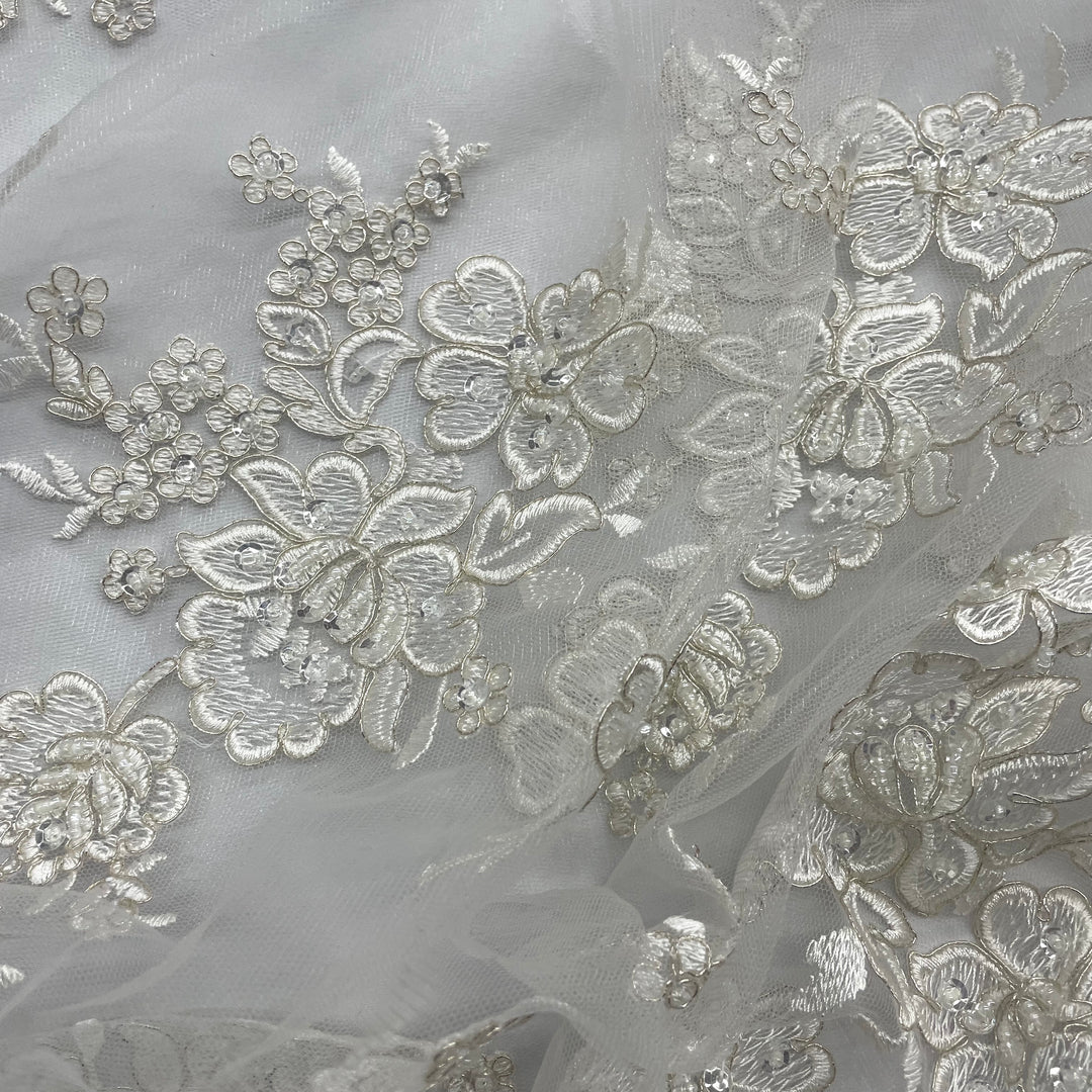 Beaded Lace Fabric Embroidered on 100% Polyester Net Mesh | Lace USA