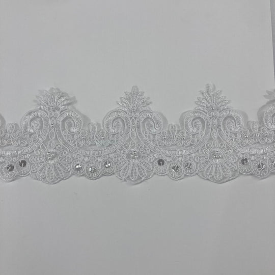 Beaded & Corded Lace Trimming Embroidered on 100% Polyester Net Mesh. Lace Usa