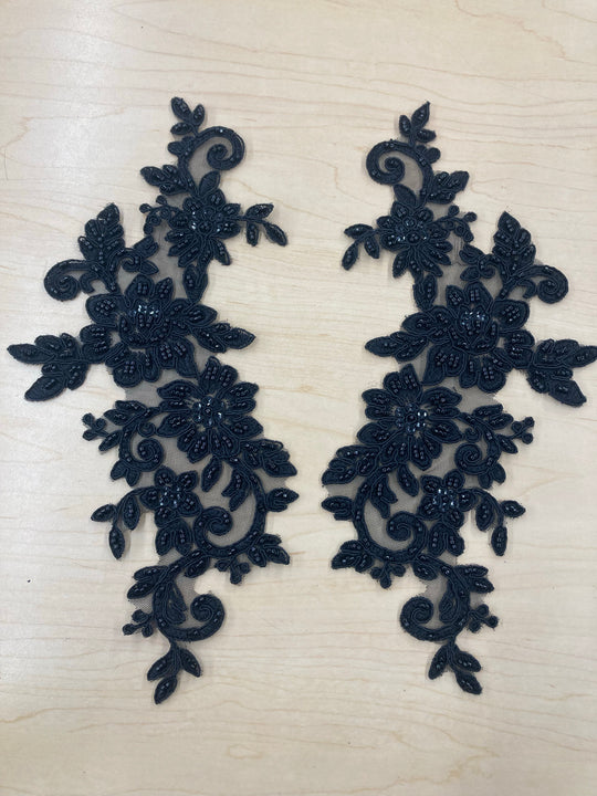 Beaded & Corded Black Floral Appliqué Lace Embroidered on 100% Polyester Organza or Net Mesh. This can be applied to Theatrical dance ballroom costumes, bridal dresses, bridal headbands endless possibilities.  Sold By Pair.  Lace Usa