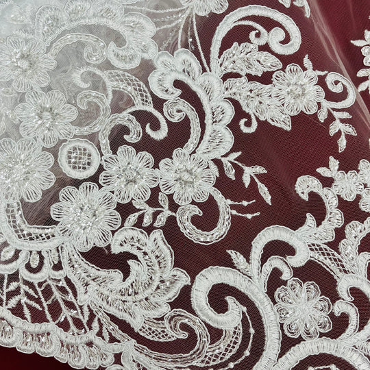 97213W-SB-Beaded & Corded Bridal Fabric Lace Embroidered on 100% Polyester Net Mesh | Lace USA