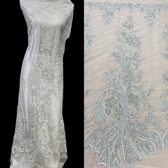 Beaded & Sequined Lace Fabric Embroidered on 100% Polyester Net Mesh | Lace USA