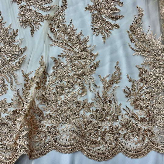 Beaded & Corded Bridal Lace Fabric Embroidered on 100% Polyester Net Mesh | Lace USA