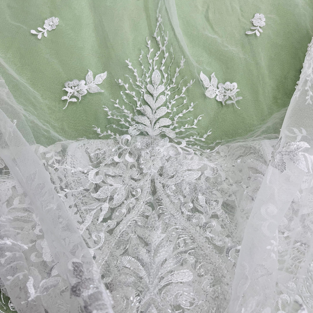 Beaded Lace Fabric Embroidered on 100% Polyester Net Mesh | Lace USA