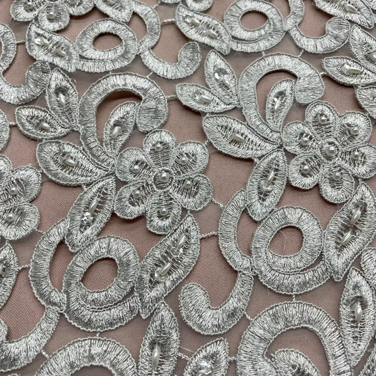 Beaded & Corded Bridal Fabric Lace Embroidered on 100% Polyester Net Mesh | Lace USA