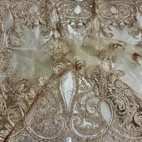 Beaded & Corded Bridal Lace Fabric Embroidered on 100% Polyester Net Mesh | Lace USA