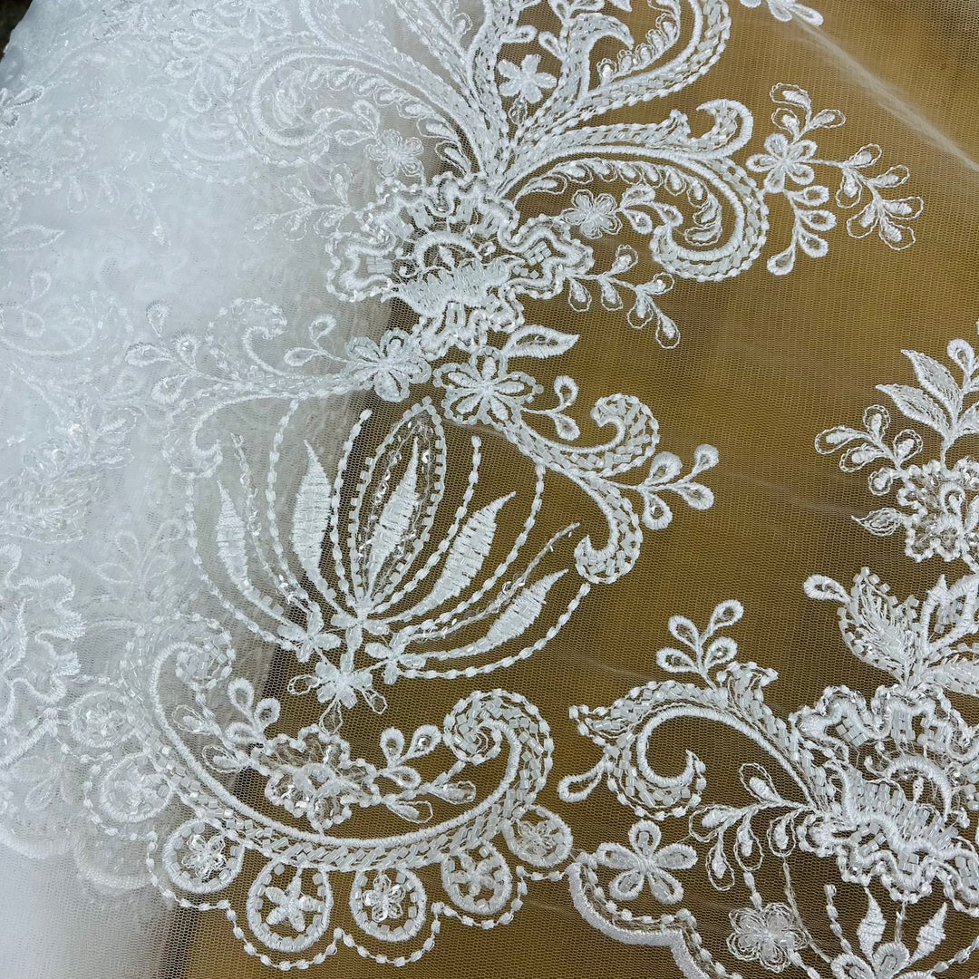 Beaded Lace Fabric Embroidered on 100% Polyester Net Mesh | Lace USA - GD-12186 White