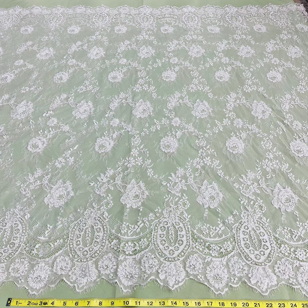 3 Yards Precut Beaded & Corded Chantilly Floral Lace Fabric Embroidered on 100% Polyester Net Mesh | Lace USA - 97143W-BP Ivory