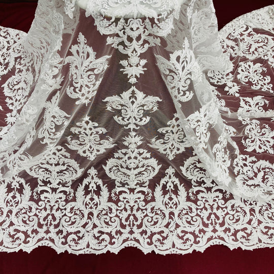 Beaded, Corded & Embroidered on 100% Polyester Mesh Net Lace Fabric. Lace USA