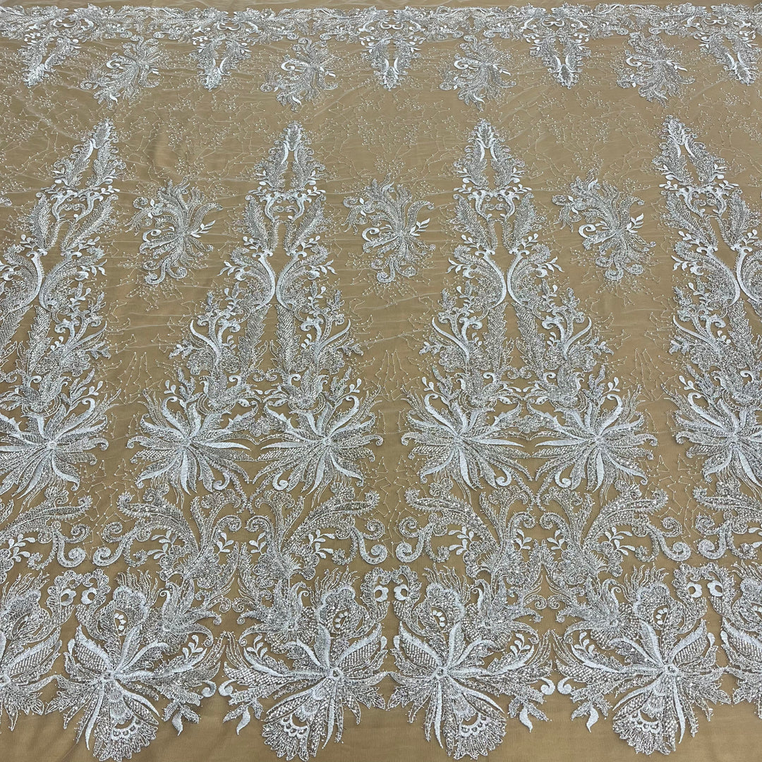 Beaded Lace Fabric Embroidered With Fuzzy Thread on 100% Polyester Net Mesh | Lace USA