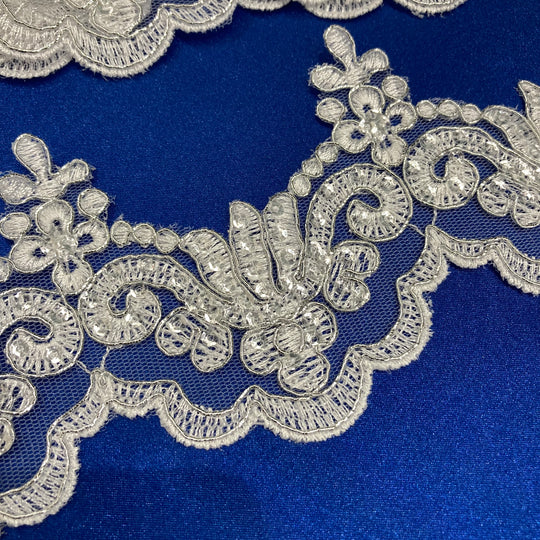 Corded, Beaded & Embroidered White with Silver Trimming. Lace Usa