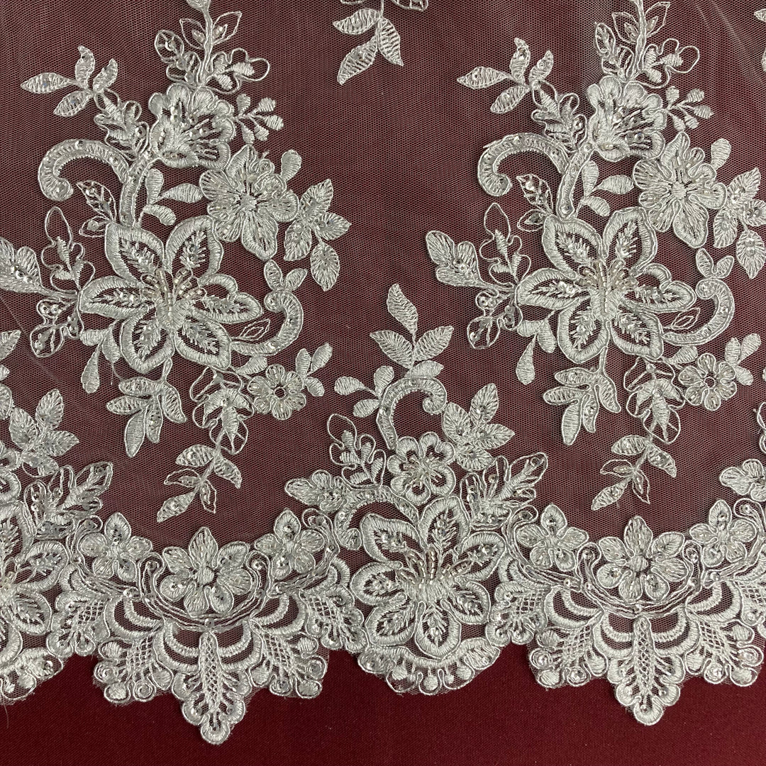 Corded & Beaded Bridal Lace Fabric Embroidered on Net Mesh. Lace USA