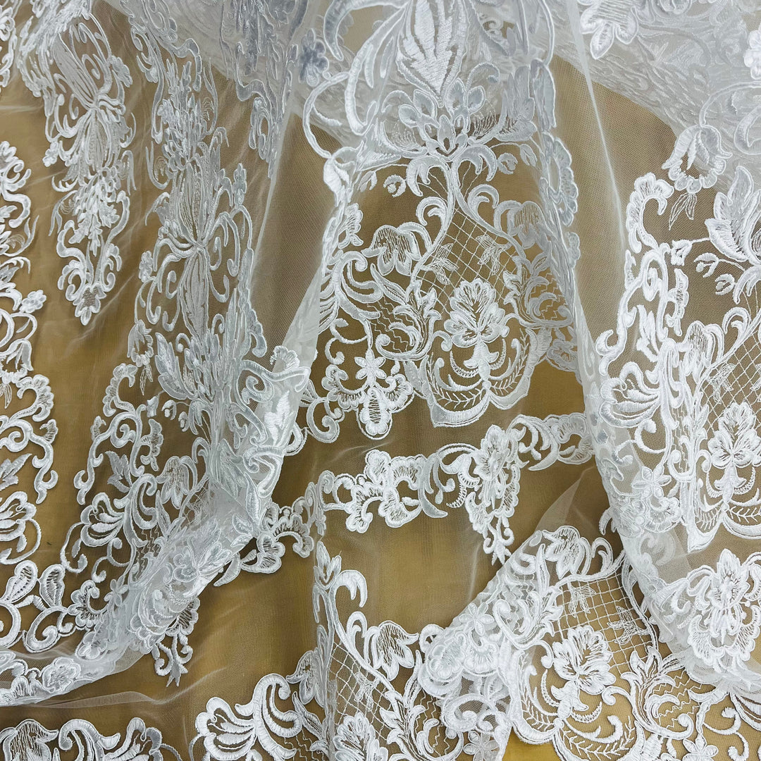 Corded Bridal Lace Fabric Embroidered on 100% Polyester Net Mesh | Lace USA