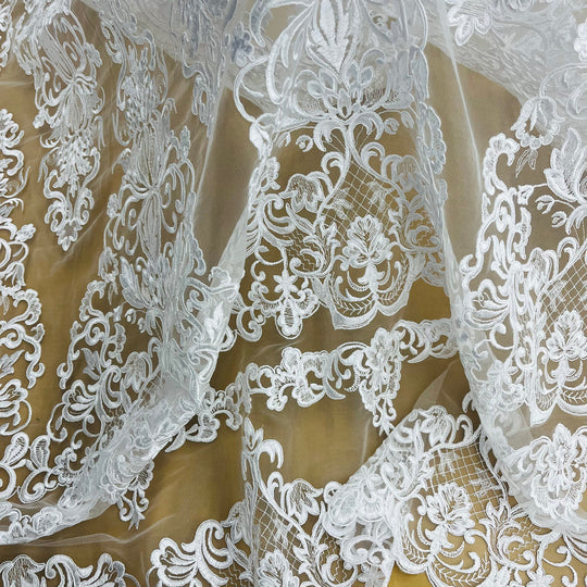 Corded Bridal Lace Fabric Embroidered on 100% Polyester Net Mesh | Lace USA