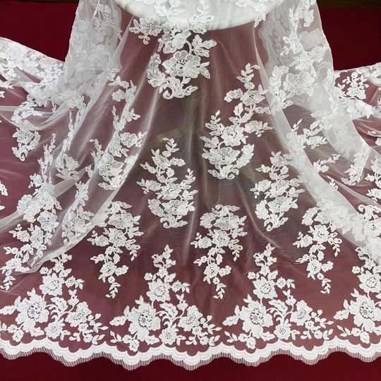 Corded Bridal Lace Fabric Embroidered on Poly Net Mesh. Lace USA