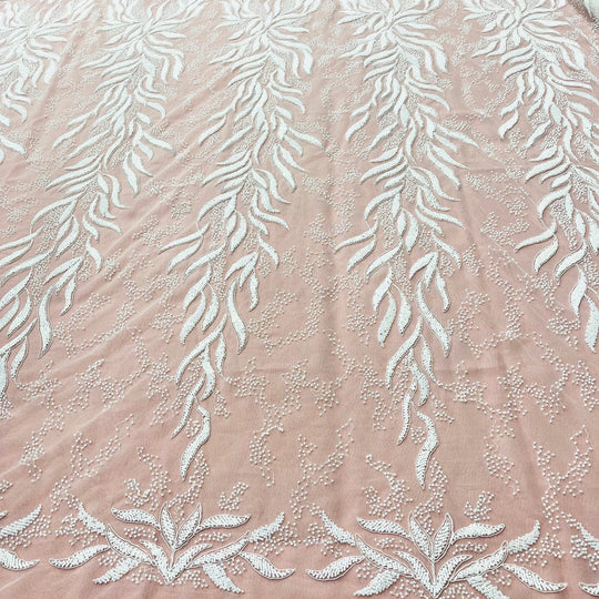 Beaded & Corded Bridal Lace Fabric Embroidered on 100% Polyester Net Mesh | Lace USA