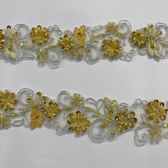 Beaded, Corded & Embroidered Yellow with Silver Trimming. Lace Usa