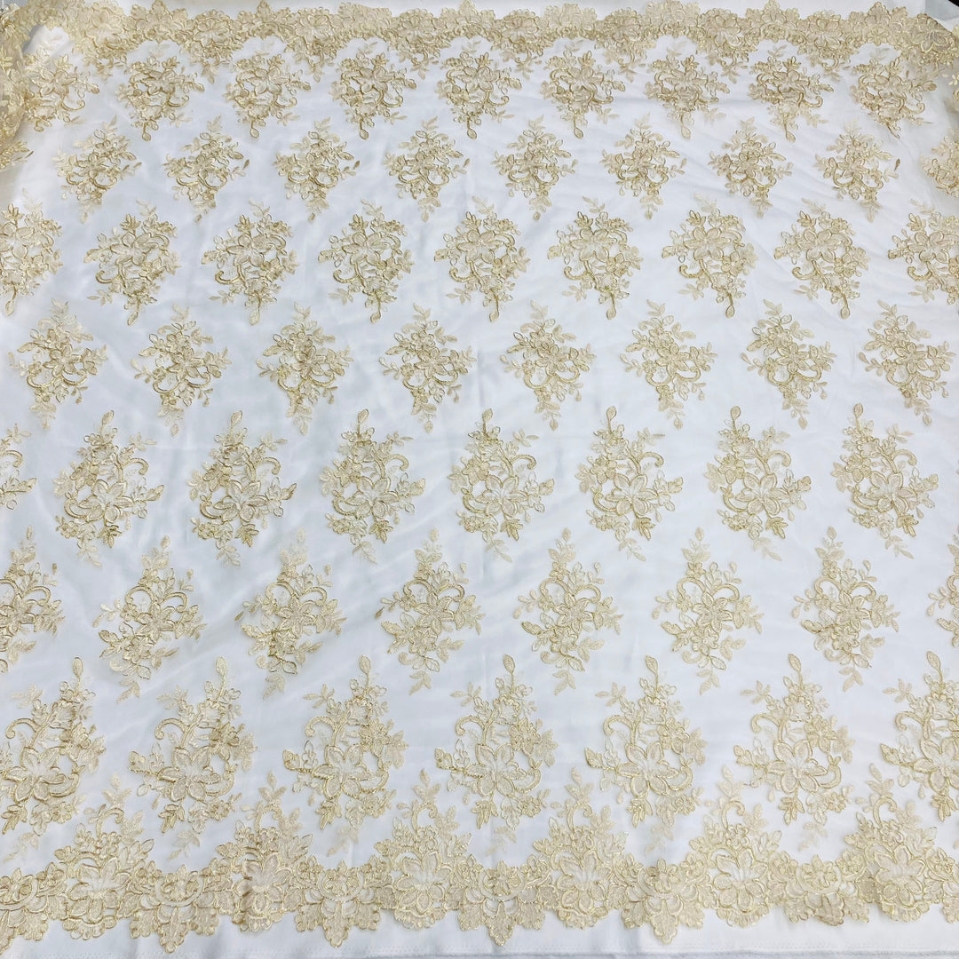 Corded Bridal Lace Fabric Embroidered on 100% Polyester Net Mesh. Lace USA