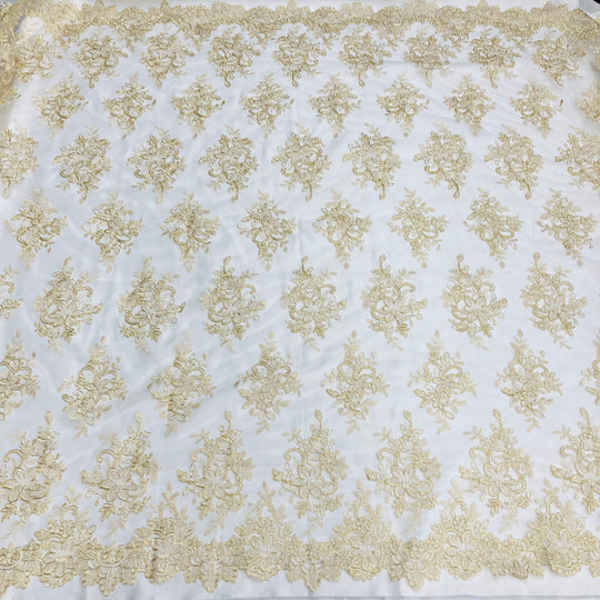 Corded Bridal Lace Fabric Embroidered on 100% Polyester Net Mesh. Lace USA