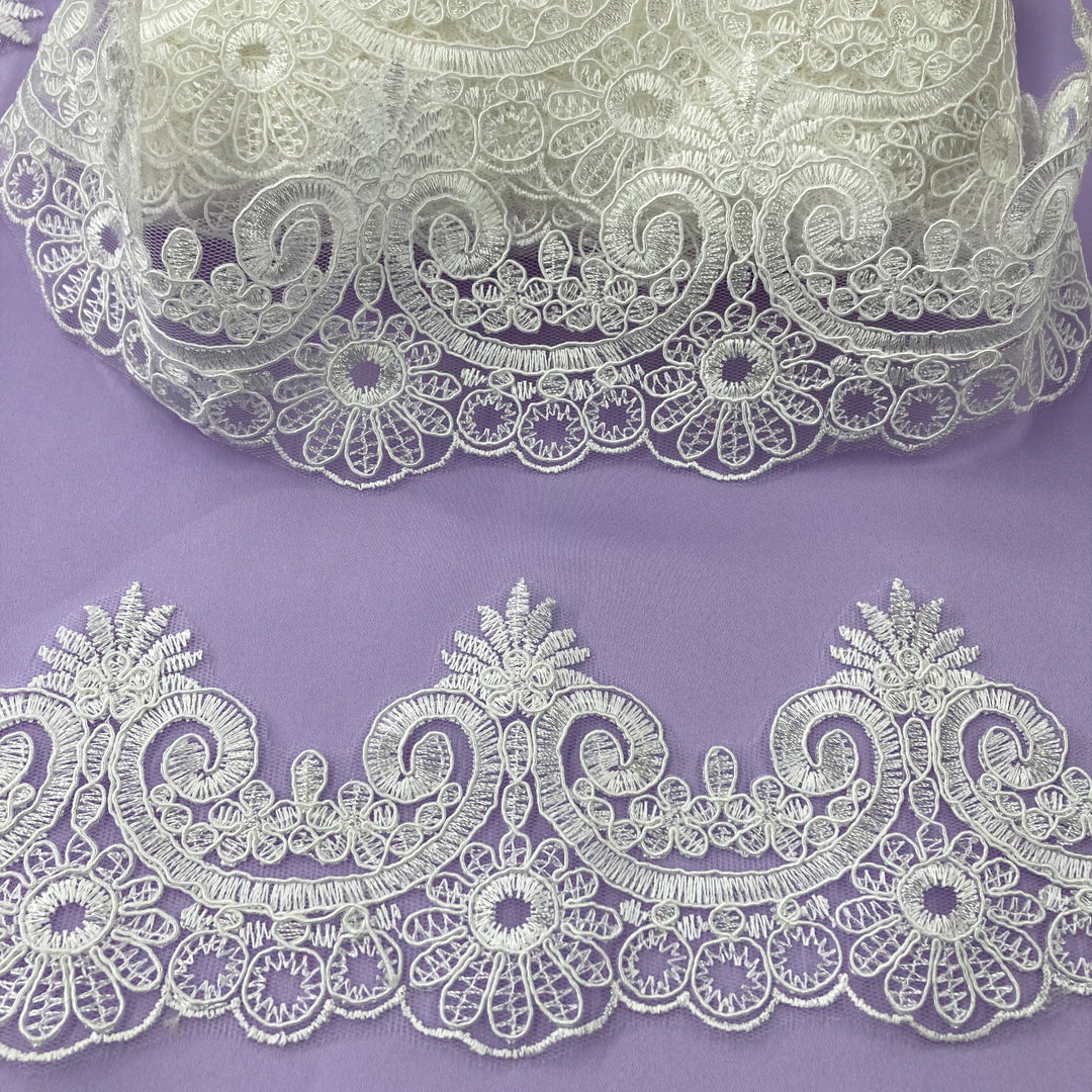 Corded Lace Trimming Embroidered on 100% Polyester Net Mesh | Lace USA