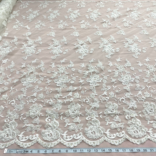 Beaded Lace Fabric Embroidered on 100% Polyester Net Mesh | Lace USA - 41583W-BP