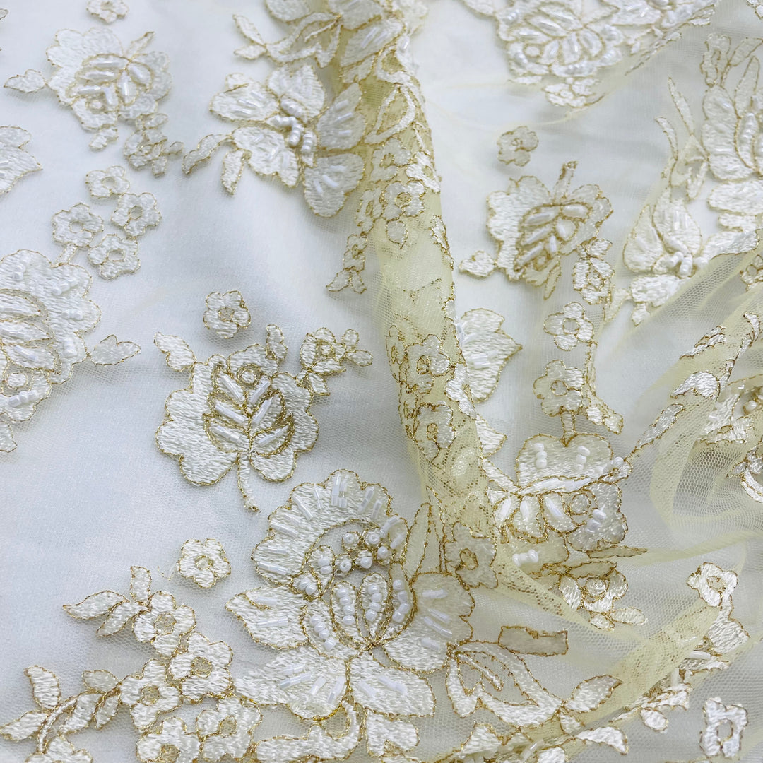 Beaded Lace Fabric Embroidered on 100% Polyester Net Mesh | Lace USA