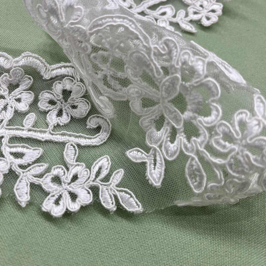 Corded Lace Trimming Embroidered on 100% Polyester Net Mesh | Lace USA