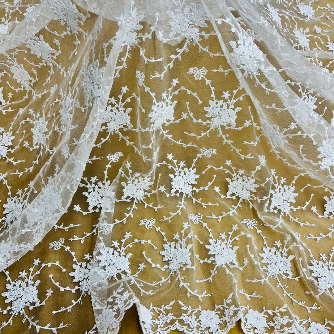 Beaded & Corded Bridal Lace Fabric Embroidered on 100% Polyester Net Mesh | Lace USA