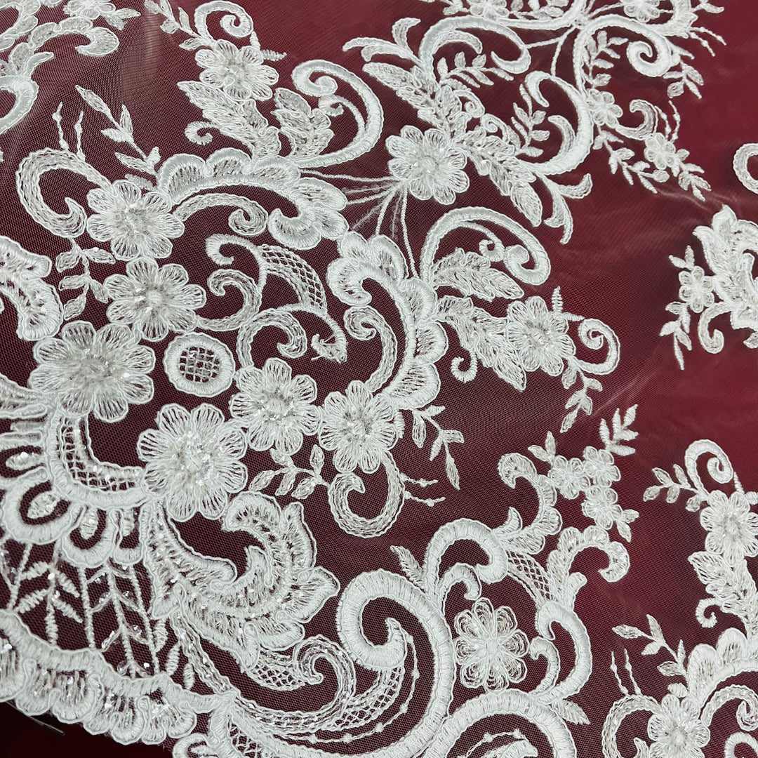 97213W-SB-Beaded & Corded Bridal Fabric Lace Embroidered on 100% Polyester Net Mesh | Lace USA