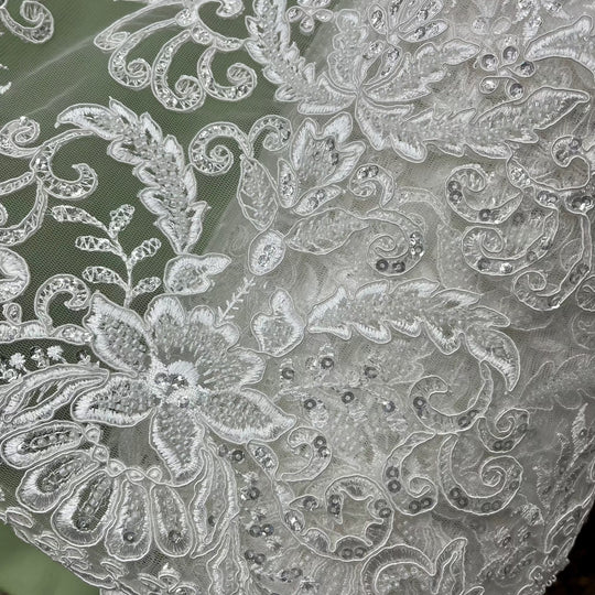 Beaded & Corded Bridal Lace Fabric Embroidered on 100% Polyester Net Mesh | Lace USA - GD-55518-Ivory