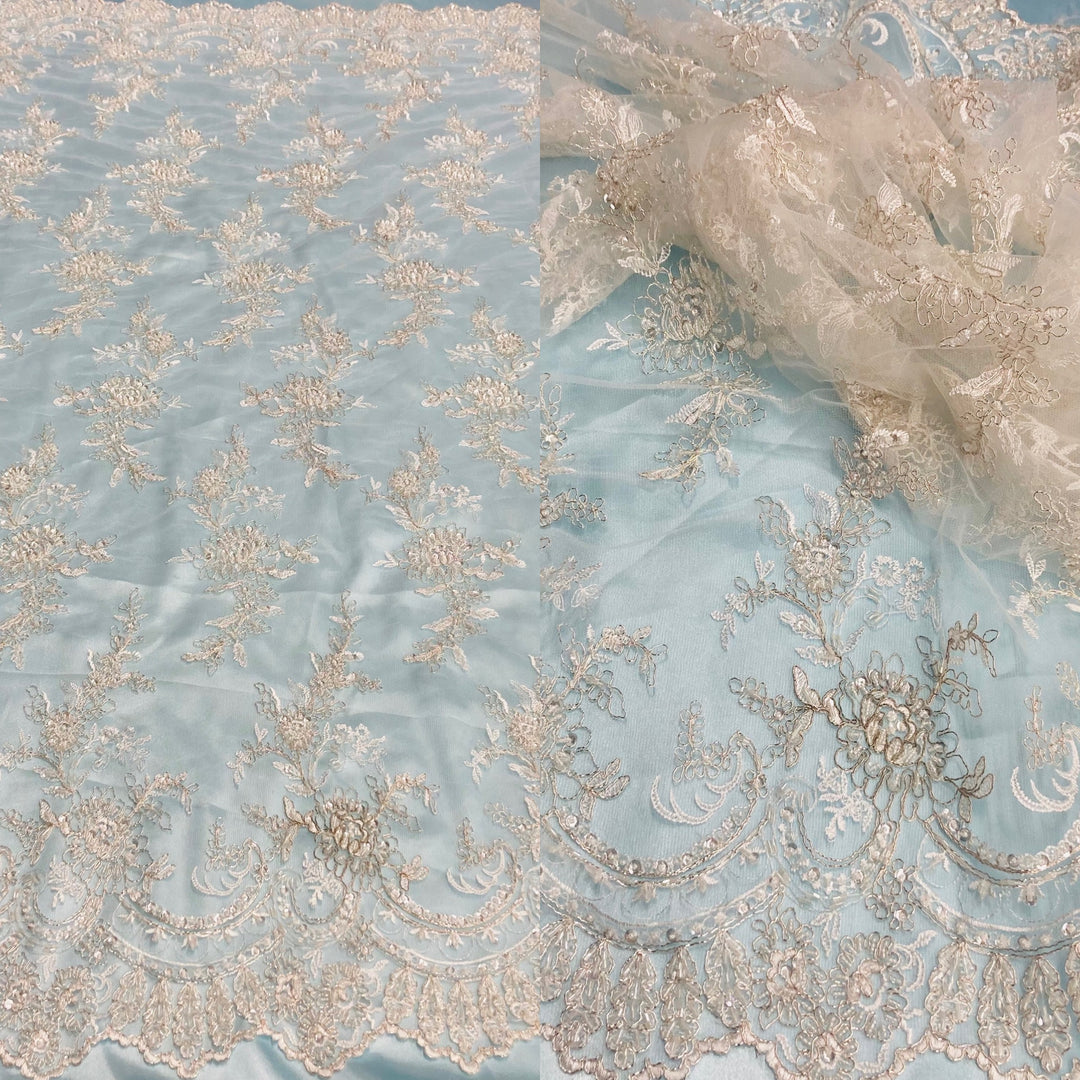 Beaded & Corded Bridal Fabric Lace Embroidered on 100% Polyester Net Mesh | Lace USA