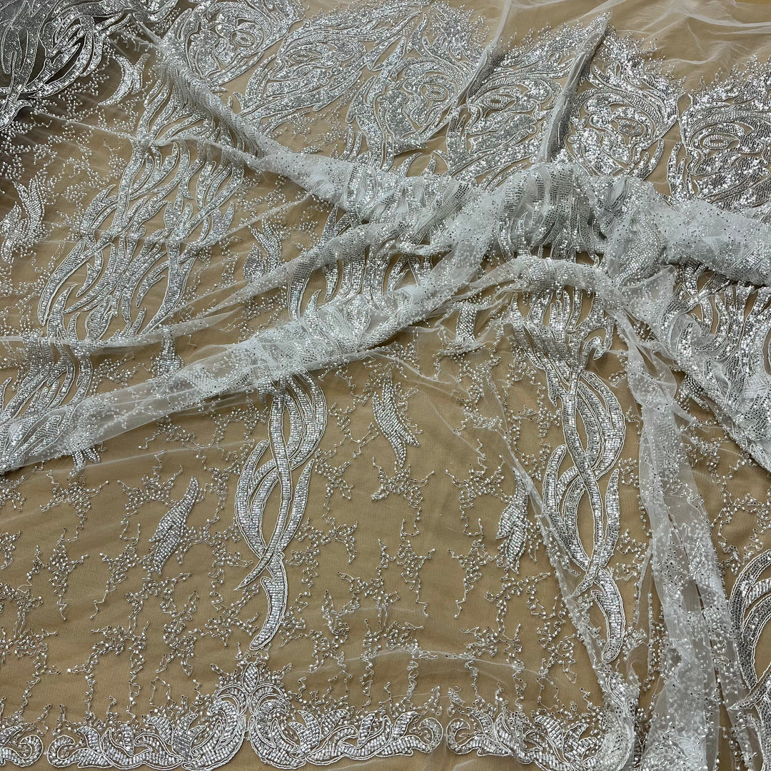 Beaded & Corded Bridal Lace Fabric Embroidered on 100% Polyester Net Mesh | Lace USA