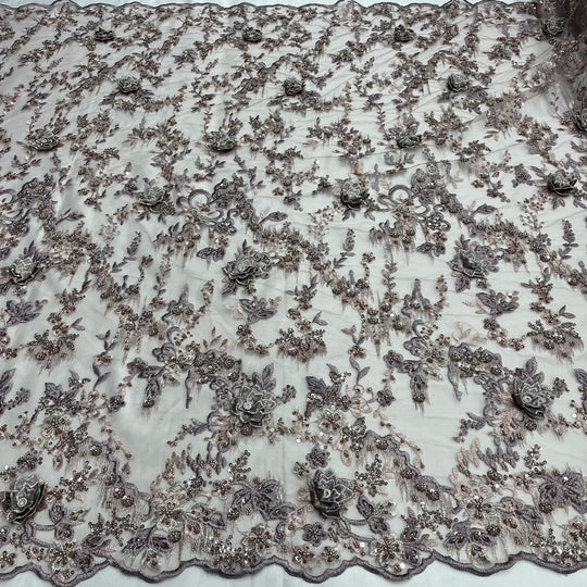 Beaded & Rhinestone 3D Floral Lace Fabric Embroidered on 100% Polyester Net Mesh | Lace USA