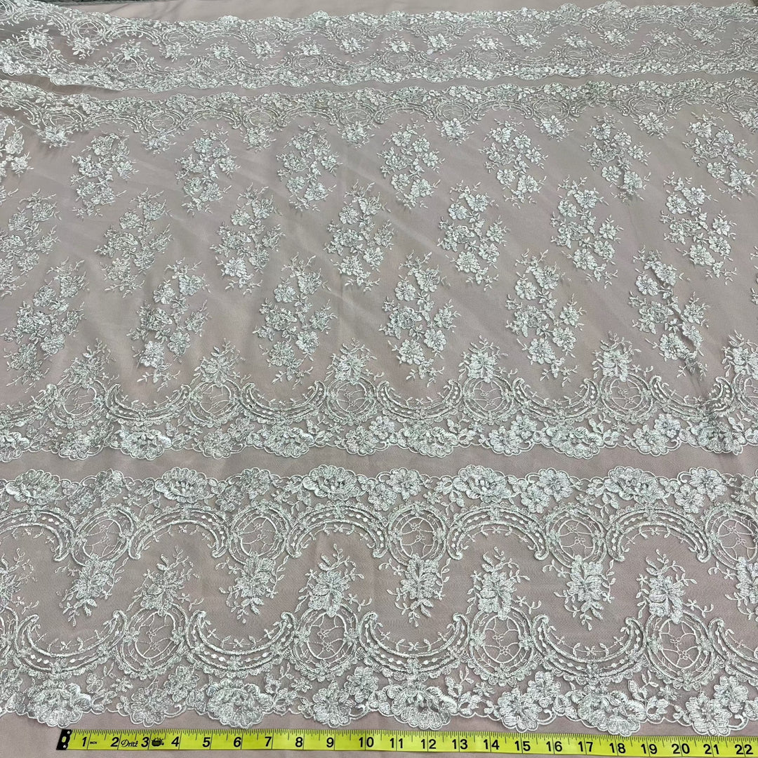 Beaded & Corded Bridal Lace Fabric Embroidered on 100% Polyester Net Mesh | Lace USA