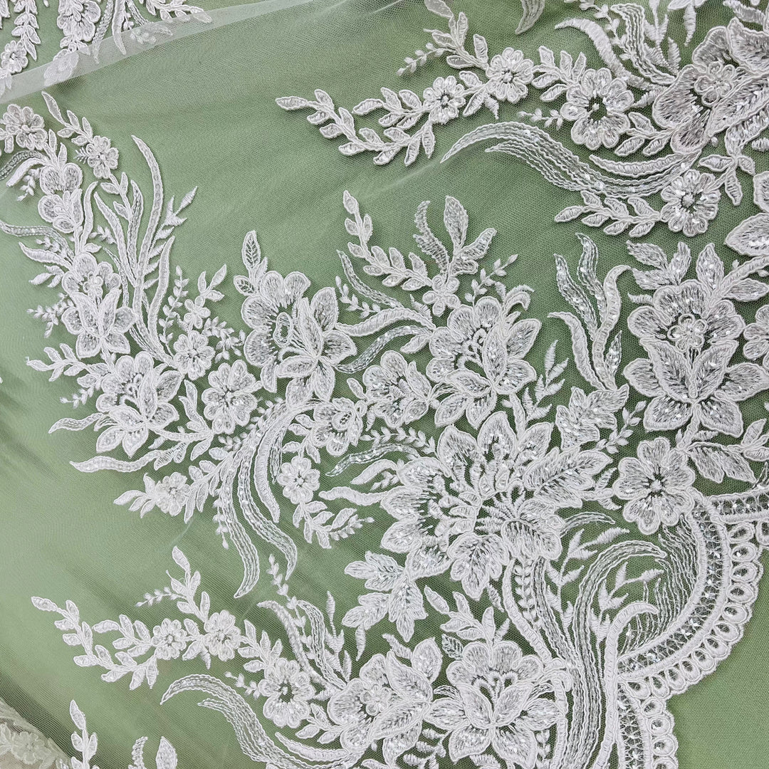 Beaded & Corded Bridal Lace Fabric Embroidered on 100% Polyester Net Mesh | Lace USA