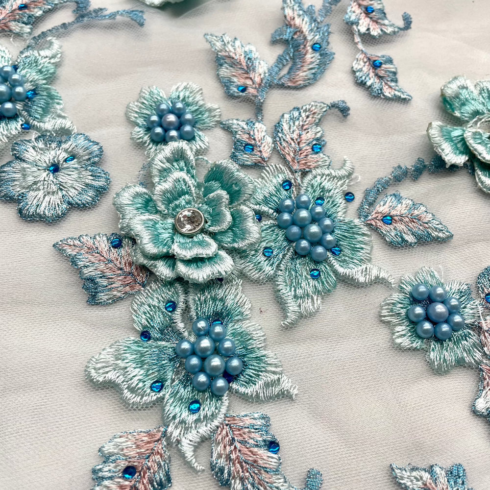 Beaded 3D Floral Lace Fabric Embroidered on 100% Polyester Net Mesh | Lace USA