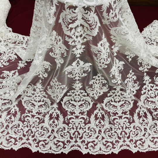 Beaded, Corded & Embroidered on 100% Polyester Mesh Net Lace Fabric. Lace USA