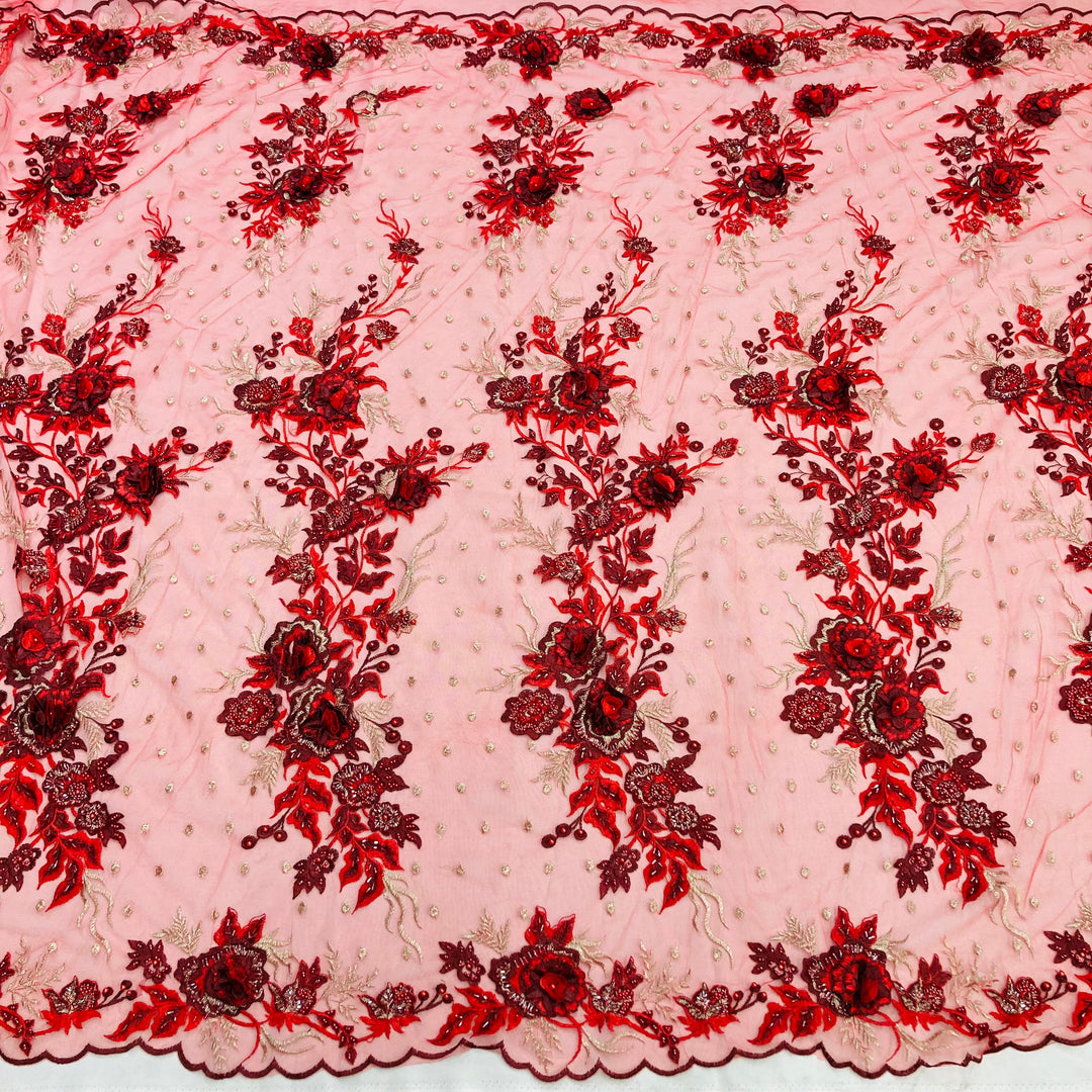 3D Floral Embroidered & Beaded Net Fabric with Beads. Lace USA