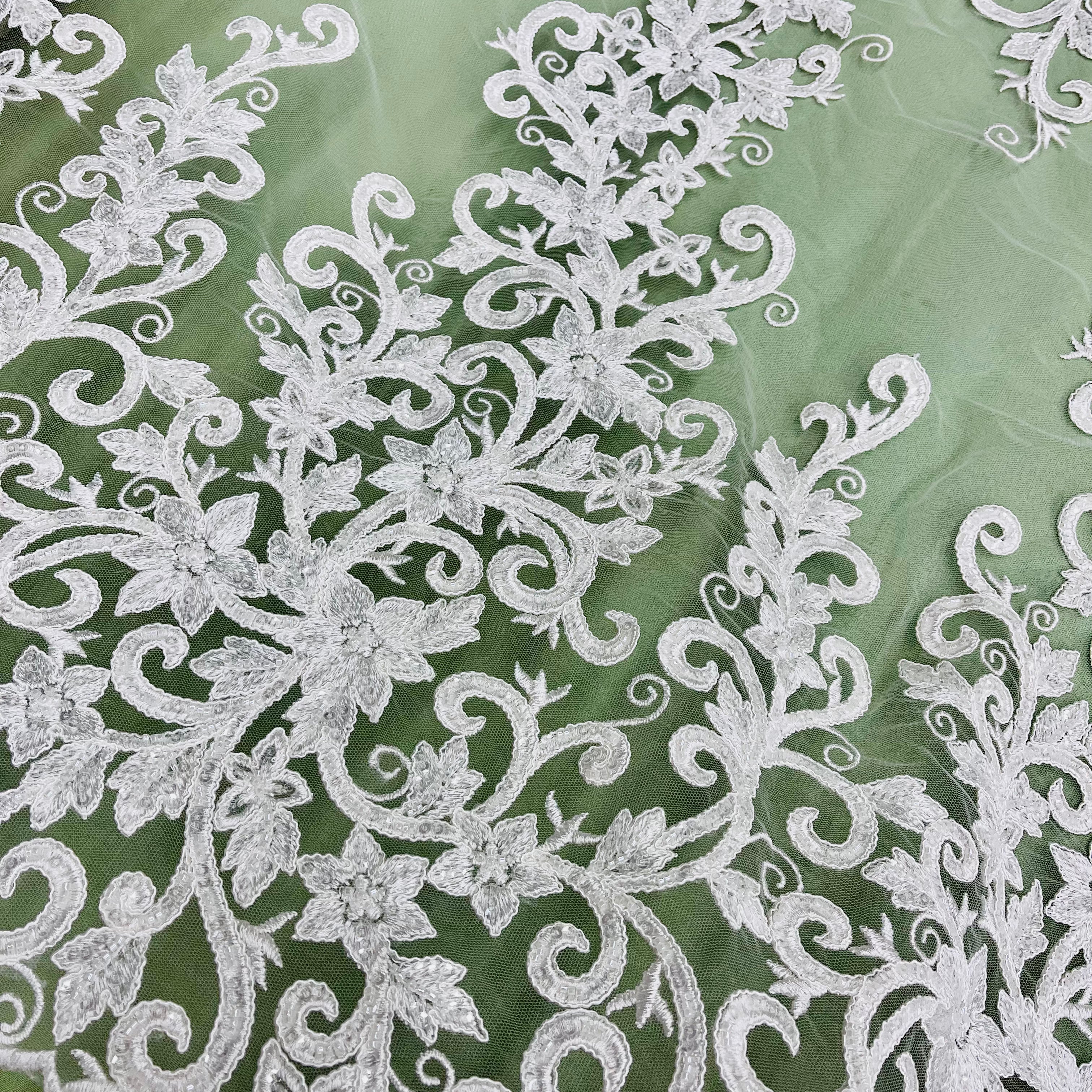 Beaded & Corded Bridal Fabric Lace Embroidered on 100% Polyester Net Mesh | Lace USA