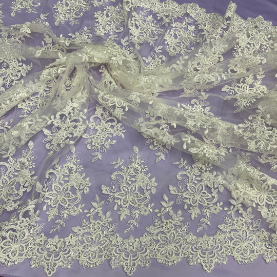 Corded & Beaded Bridal Lace Fabric Embroidered on Net Mesh. Lace USA