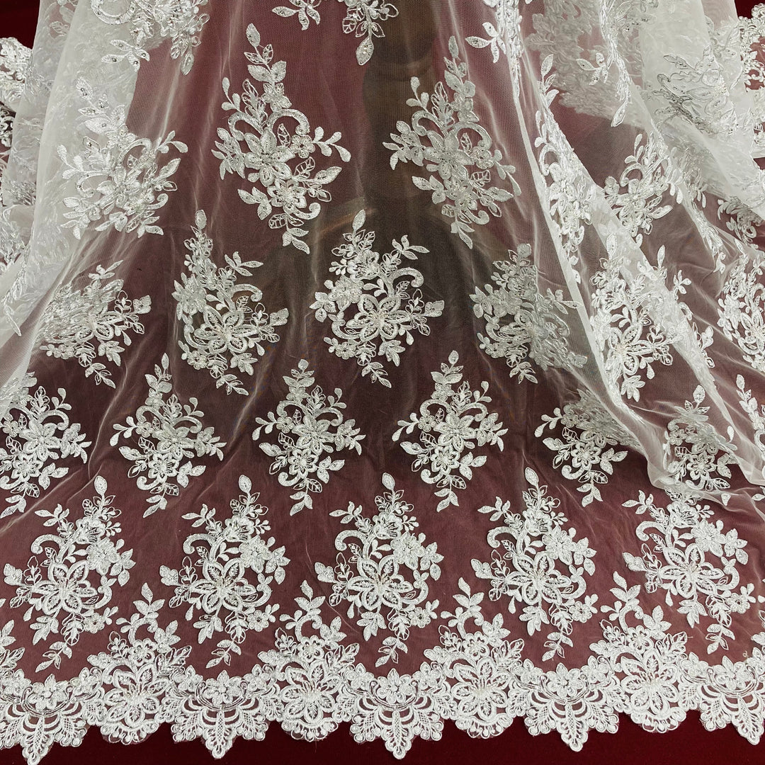 Corded & Beaded Bridal Lace Fabric Embroidered on Net Mesh. Lace USA