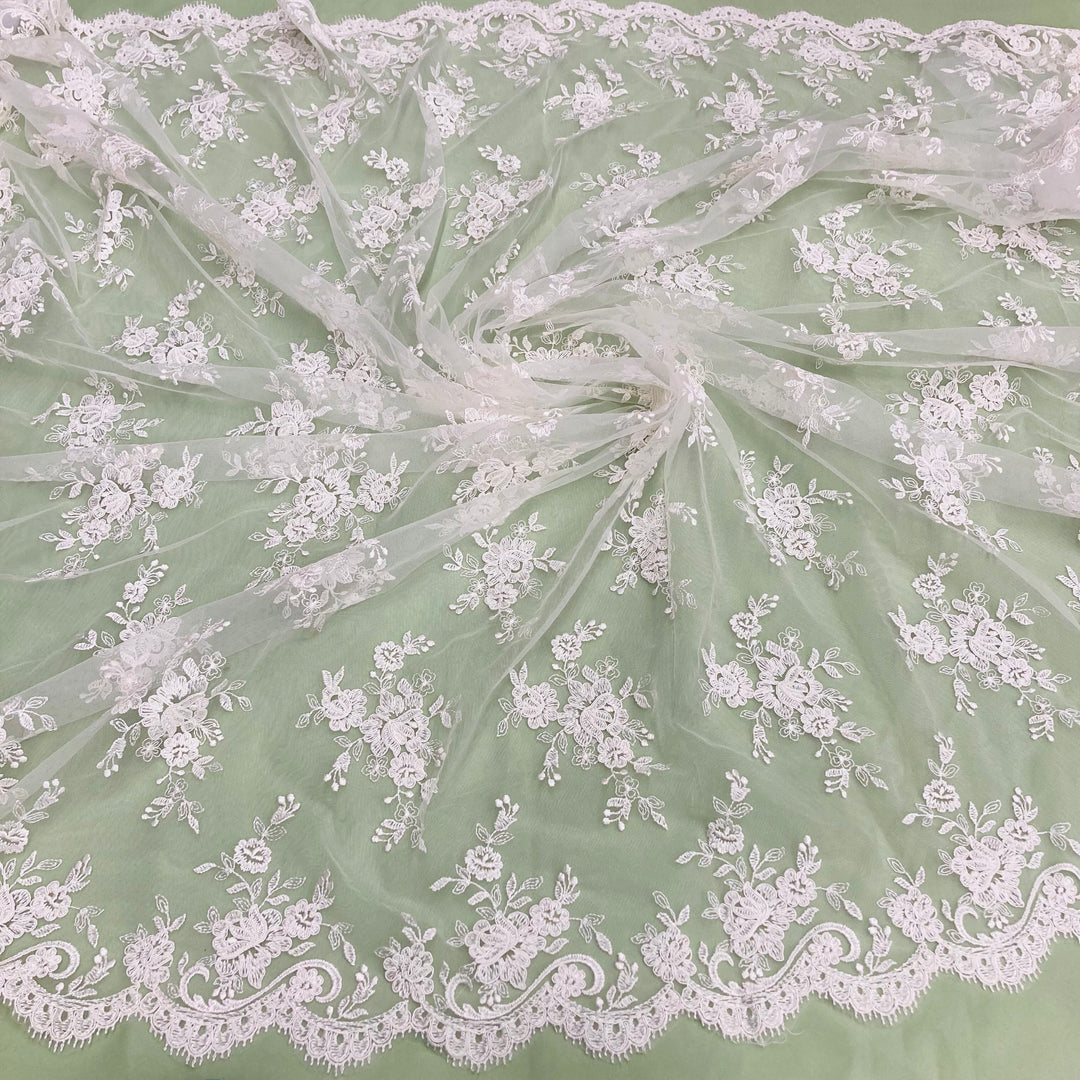 Corded Bridal Lace Fabric Embroidered on 100% Polyester Net Mesh. Lace USA