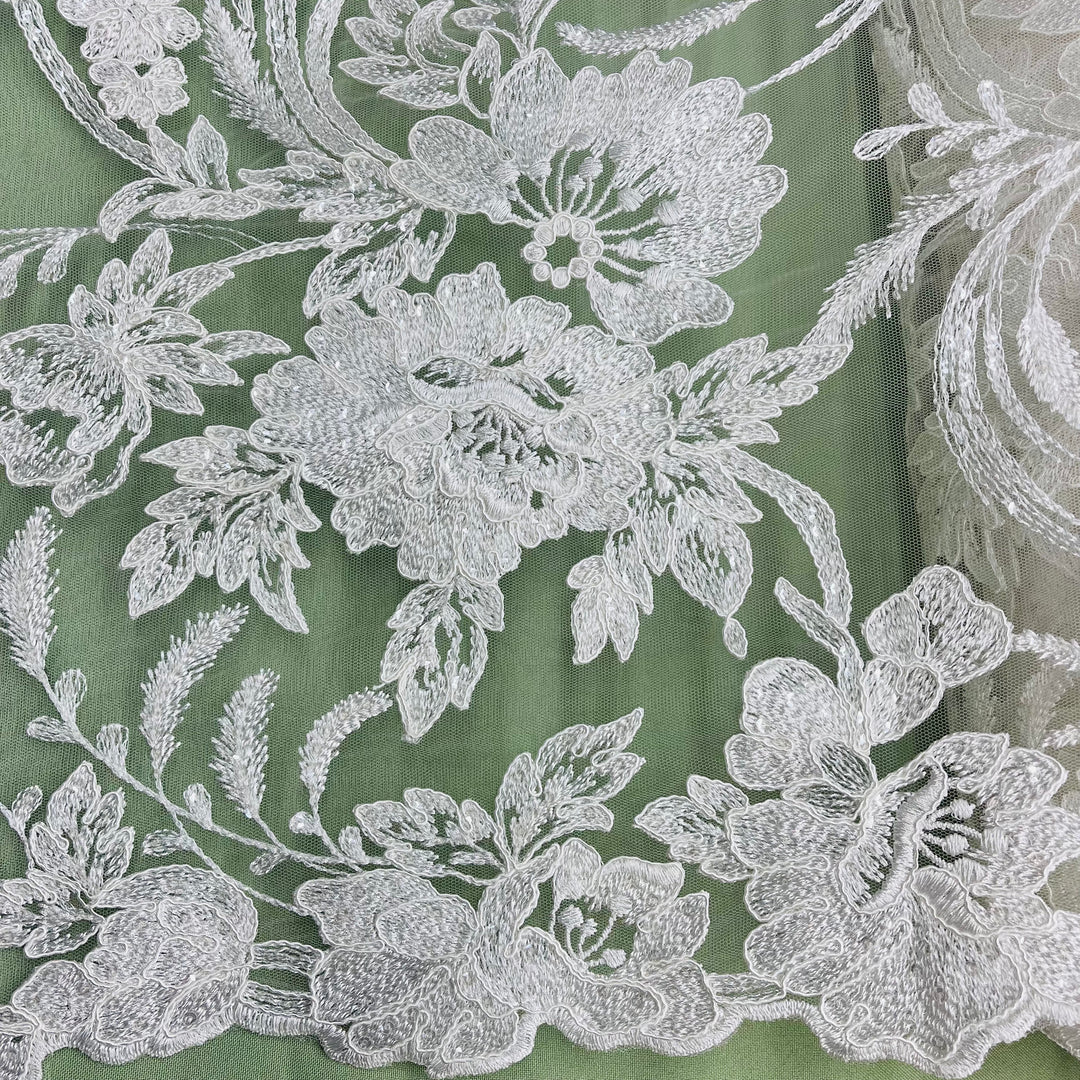 Beaded & Corded Bridal Lace Fabric Embroidered on 100% Polyester Net Mesh | Lace USA