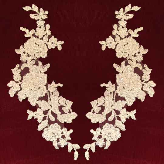 Beaded & Corded Ivory Floral Appliqué Lace Embroidered on 100% Polyester Organza or Net Mesh. This can be applied to Theatrical dance ballroom costumes, bridal dresses, bridal headbands endless possibilities.  Sold By Pair.  Lace Usa