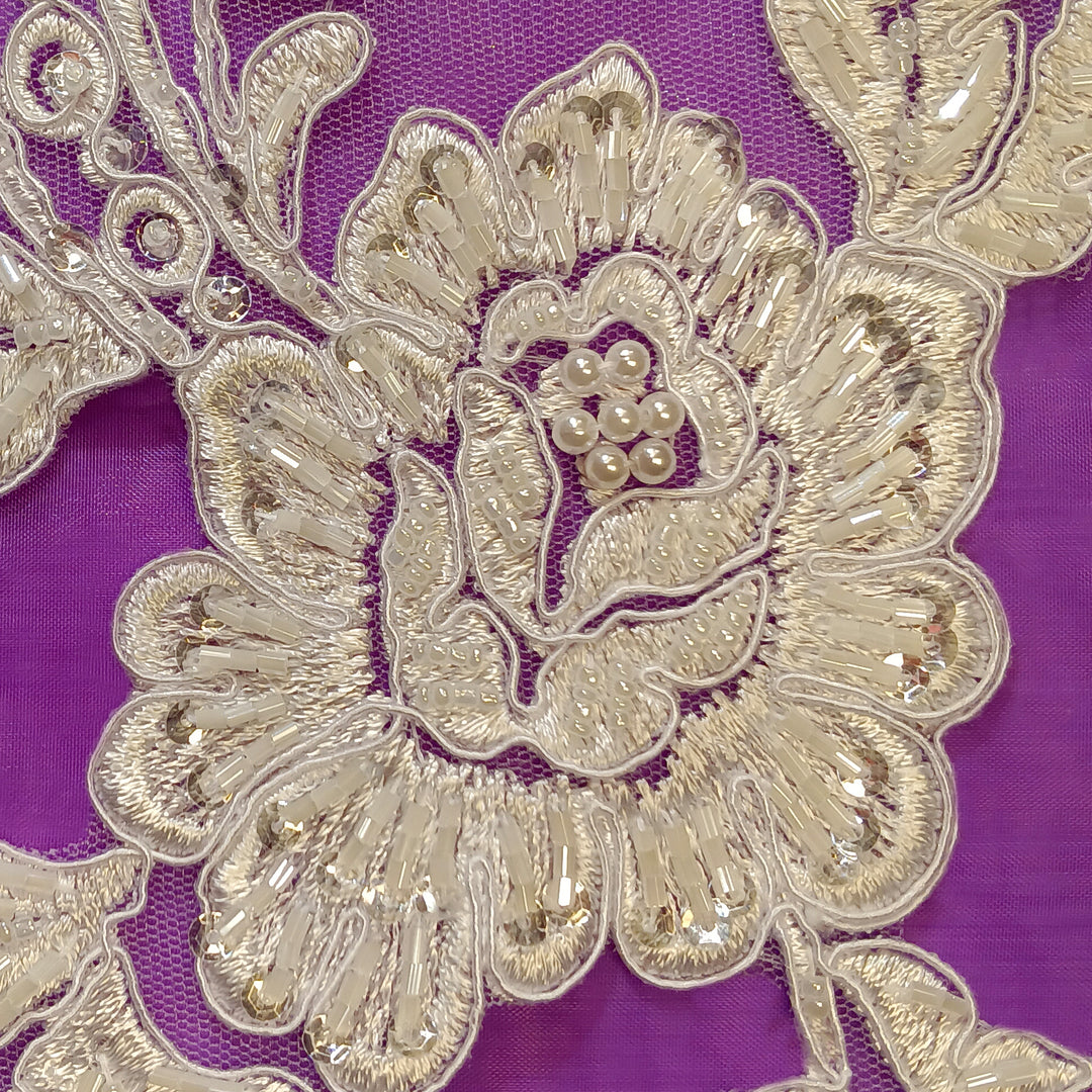 Beaded & Corded Floral Appliqué Lace Embroidered on 100% Polyester Organza or Net Mesh. This can be applied to Theatrical dance ballroom costumes, bridal dresses, bridal headbands endless possibilities.  Sold By Pair  Lace Usa